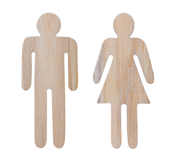 男性和女性厕所符号由浅色木材隔离在白色背景与修剪路径图片下载