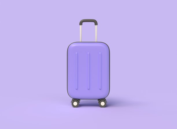 卡通风格的3d行李箱。旅游理念。暑假计划。插图孤立在紫色背景上。三维渲染图片下载