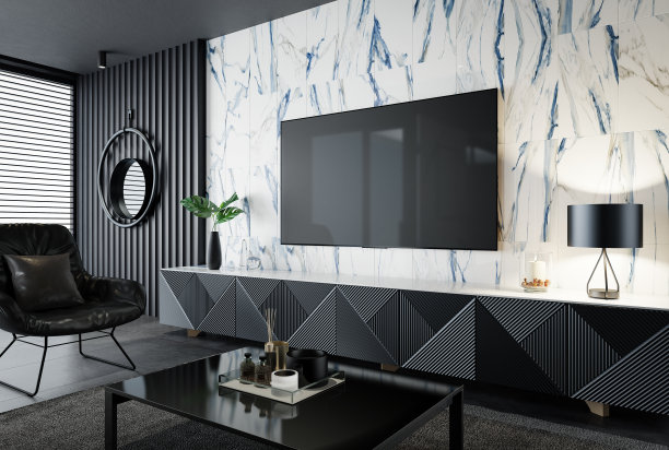 豪华的黑暗客厅内部75英寸电视图片下载