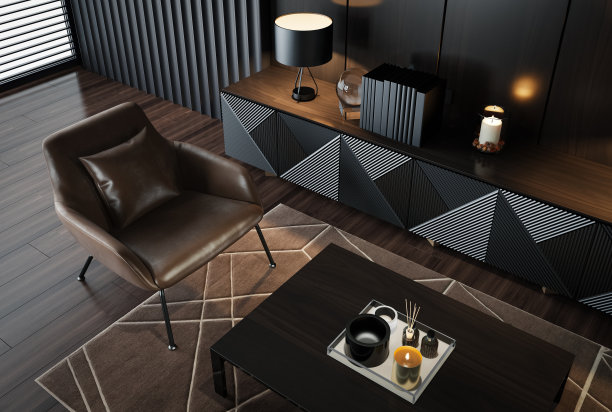 黑色豪华现代复古风格的客厅内饰图片下载