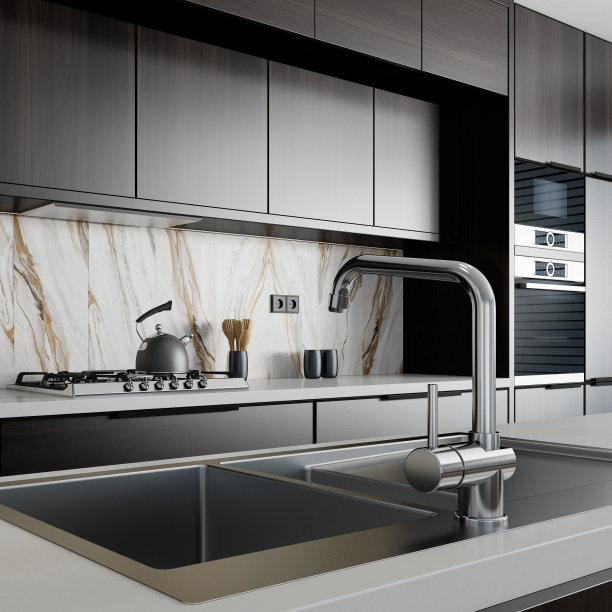 黑色简约意式风格开放式厨房，带超长料理台图片下载