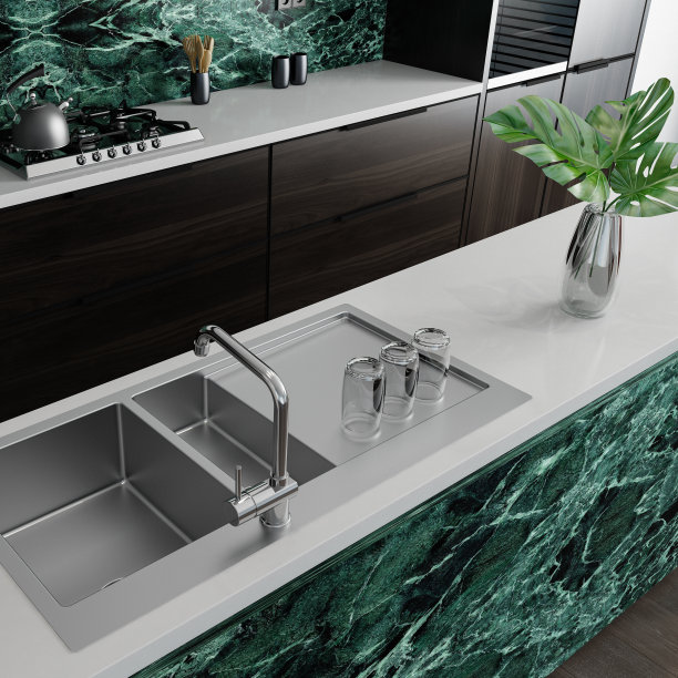 黑色简约意式风格开放式厨房，带超长料理台图片下载