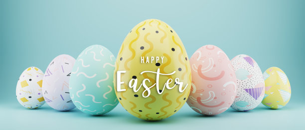 复活节促销横幅设计。复活节销售文字高达50%的促销与3d逼真的鸡蛋为季节性商店折扣广告。3 d渲染。图片下载