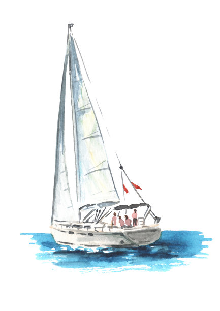 帆船，帆船游艇。手绘水彩插图孤立的白色背景图片下载