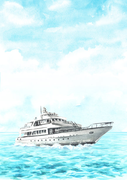 海上的小船，游艇在海浪和蓝天上，白色背景上孤立的手绘水彩画图片下载