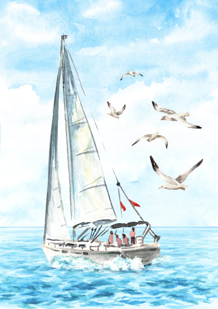 帆船，帆船游艇在海浪上航行。手绘水彩插图孤立的白色背景图片下载