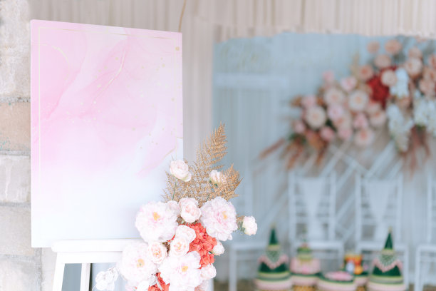 婚礼拱门支架上的空人物展示板。图片下载