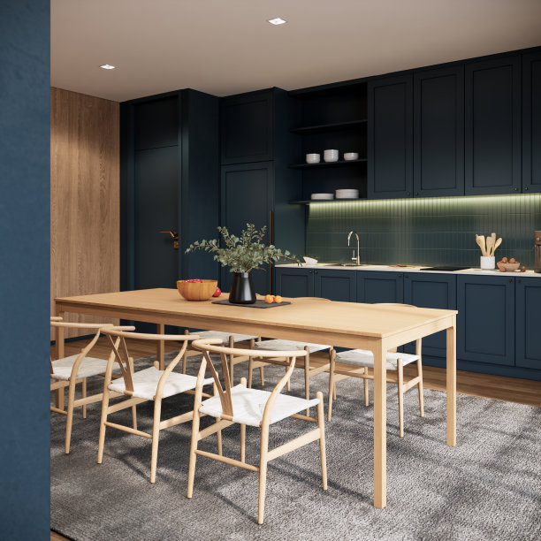 现代经典厨房与木制家具和细节，极简的室内设计3D渲染图片下载