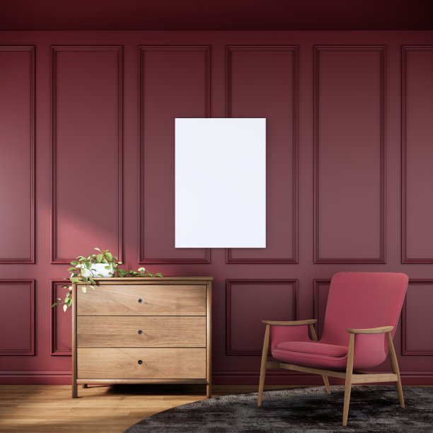 现代经典，红色简约内饰，红色扶手椅，吊灯，空白框架和墙板。三维渲染插图模拟。图片下载