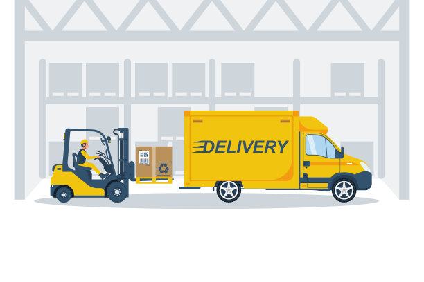 带司机的叉车。送货，物流，运输货物。平面向量。图片下载