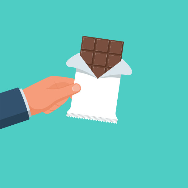 手里拿着巧克力。巧克力棒。平面向量。图片下载