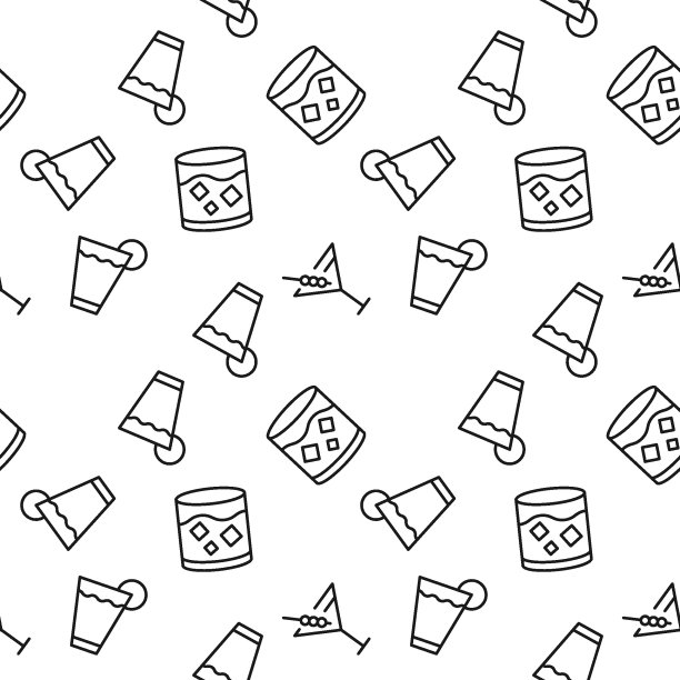 无缝矢量单色图案的玻璃杯和杯子的各种饮料的封面，商店，包装，网站，应用程序图片下载