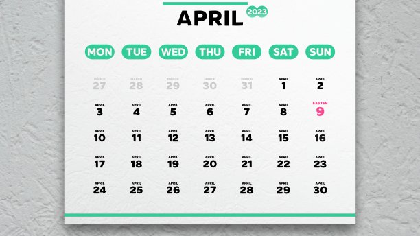 2023年日历上美丽的四月一页的特写，上面标着天主教复活节的日期图片下载