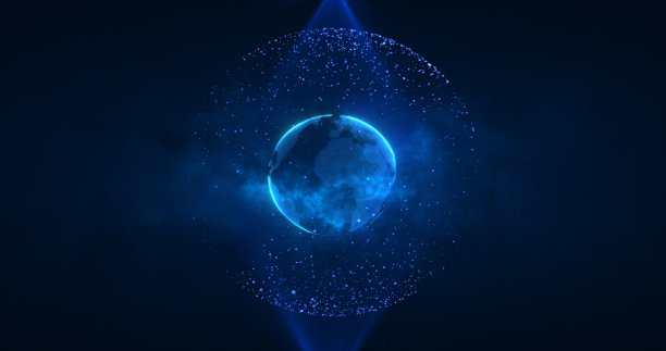 抽象的蓝色星球地球旋转与未来高科技粒子明亮发光的神奇能量，抽象的背景图片下载