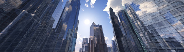 城市景观与摩天大楼在升起的太阳的背景图片下载