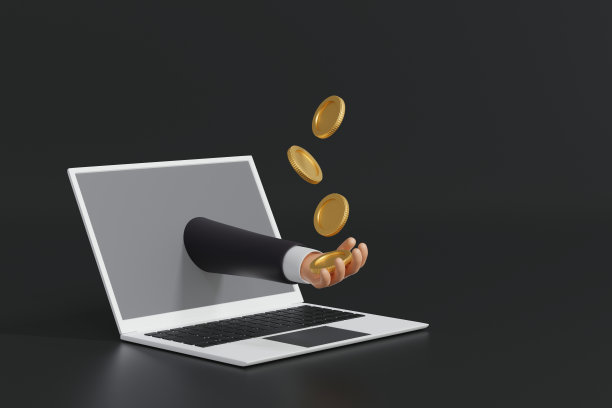 金币落入商人手中，伸出笔记本电脑屏幕，在线商务商务，3D渲染。图片下载