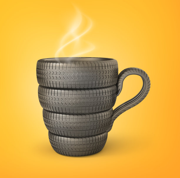 汽车轮胎以咖啡杯的形式堆积在黄色背景上。三维演示图片下载