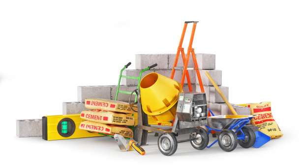 建筑的概念。用白色背景上的砖块建造乐器。三维演示图片下载