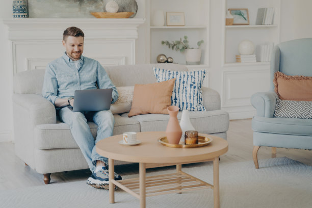 年轻人坐在沙发上，在笔记本电脑上做自由职业者图片下载