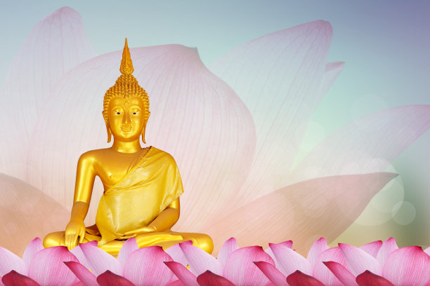 佛像。背景模糊的花朵和天空与阳光的光。马卡布查日。卫塞节。Asanha Bucha。佛教了。图片下载