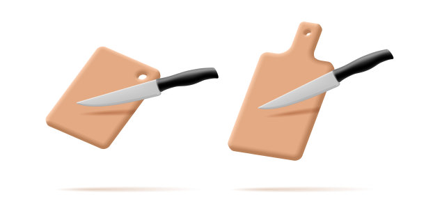 三维空木砧板，用于切割食物和刀具。用于设计菜单，食谱，餐厅。白色背景上的现代图像。图片下载