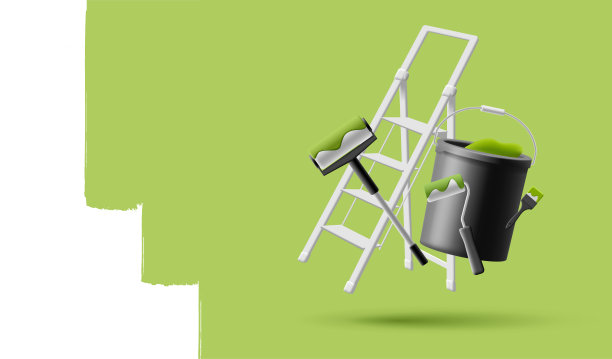 建筑采用绿色生态色彩。3d桶漏漆，梯子和刷墙工具。图片下载