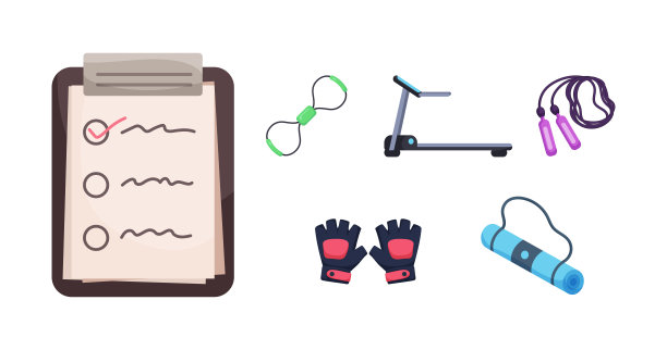 安排纸、手套、垫子上。卡通人物的运动器材图片下载