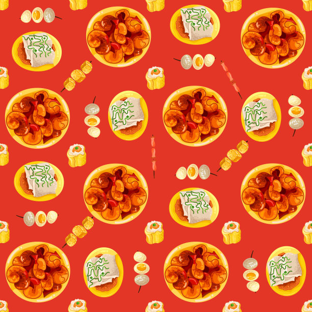 中国菜天衣无缝。手绘不同类型的亚洲食物在木制蒸笼重复的背景。美味的中国食物，美味的煎饼，糯米饭，小圆面包。图片下载