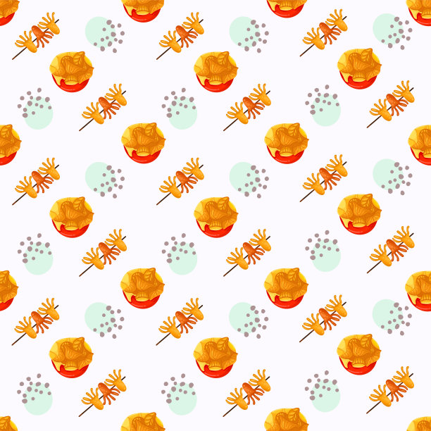 中国菜天衣无缝。手绘不同类型的亚洲食物在木制蒸笼重复的背景。美味的中国食物，美味的煎饼，糯米饭，小圆面包。图片下载