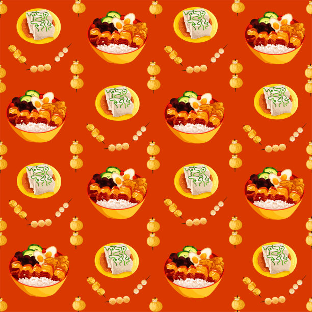 中国菜天衣无缝。手绘不同类型的亚洲食物在木制蒸笼重复的背景。美味的中国食物，美味的煎饼，糯米饭，小圆面包。图片下载