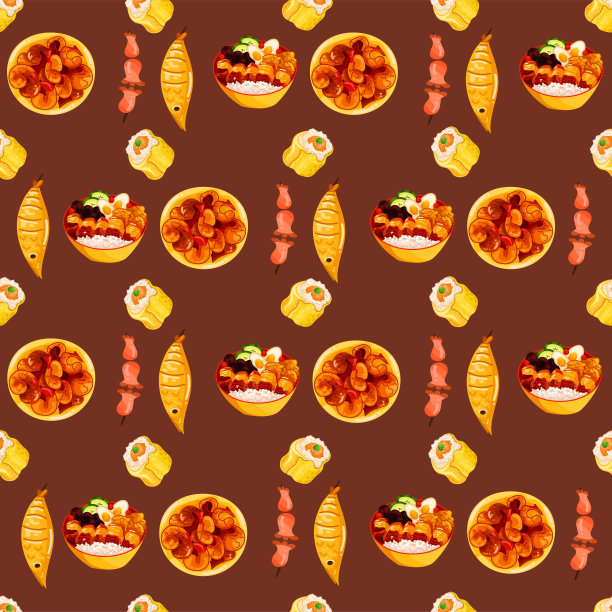 中国菜天衣无缝。手绘不同类型的亚洲食物在木制蒸笼重复的背景。美味的中国食物，美味的煎饼，糯米饭，小圆面包。图片下载