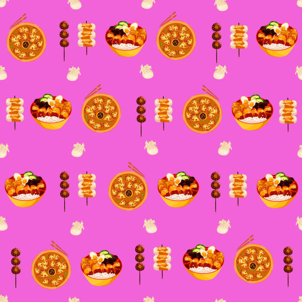 中国菜天衣无缝。手绘不同类型的亚洲食物在木制蒸笼重复的背景。美味的中国食物，美味的煎饼，糯米饭，小圆面包。图片下载