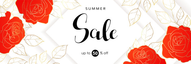 季节性销售旗帜与开花红玫瑰花在白色的背景与金色的叶子图片下载