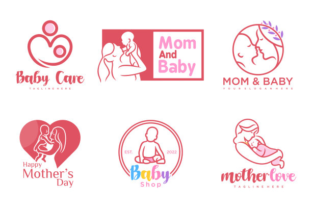 快乐宝宝和妈妈图标集标志设计。儿童商店和婴儿护理中心徽章。插图图片下载