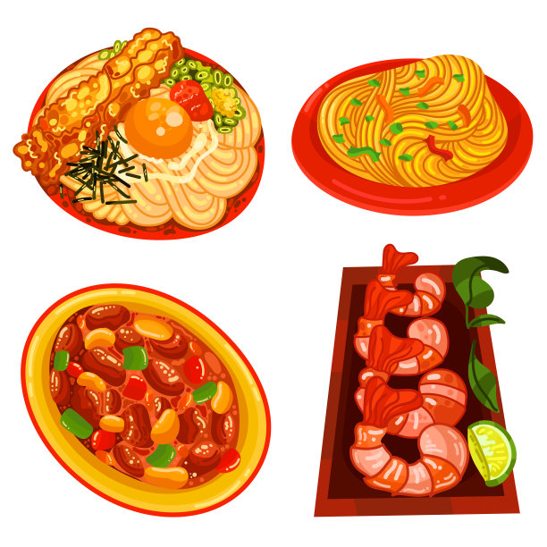 中餐套餐菜单孤立在白底插图矢量上。(春卷，点心，馄饨，炒面，糖醋鸡，北京烤鸭)。图片下载