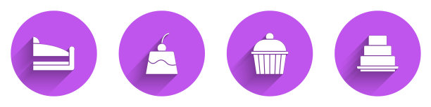 固定蛋糕，布丁，蛋糕和图标与长影子。向量图片下载