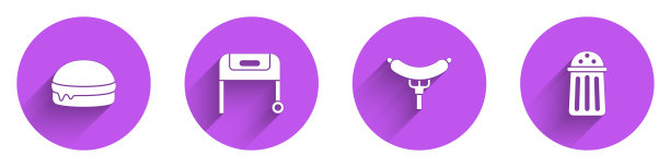 设置汉堡，烧烤架，香肠在叉子和盐图标长阴影。向量图片下载