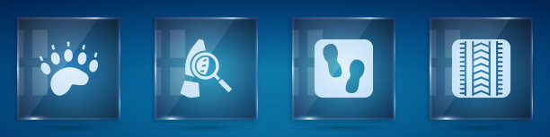 设置熊爪脚印，放大镜脚印，人脚印鞋和轮胎痕迹。方形玻璃面板。向量图片下载