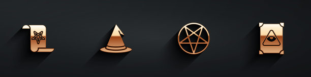 设置古代魔法书，女巫帽，五角星圆形和长影图标。向量图片下载