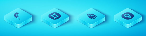 设置等距羽毛笔，双子座星座，金星和魔法石图标。向量图片下载