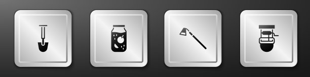 设置铲子，果酱罐，花园锄和井桶图标。银色方形按钮。向量图片下载