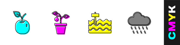 设置苹果，盆栽，花园床和云与雨图标。向量图片下载