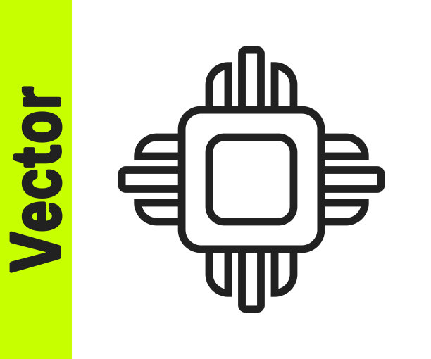 黑线计算机处理器与微电路CPU图标隔离在白色背景。芯片或cpu与电路板。微处理器。向量图片下载