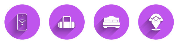 设置移动与wi-fi无线，手提箱，酒店房间床和五星级评级评论图标与长阴影。向量图片下载