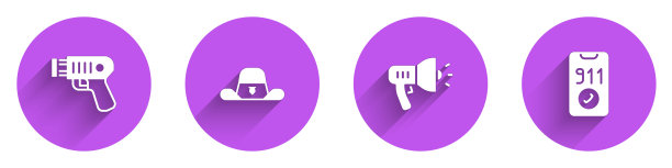 设置警察电击器，警长帽子与徽章，扩音器和电话呼叫911图标与长影子。向量图片下载