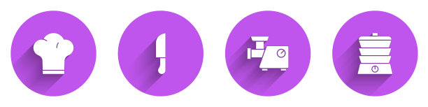 设置厨师帽子，刀，厨房绞肉机和慢锅图标与长影子。向量图片下载