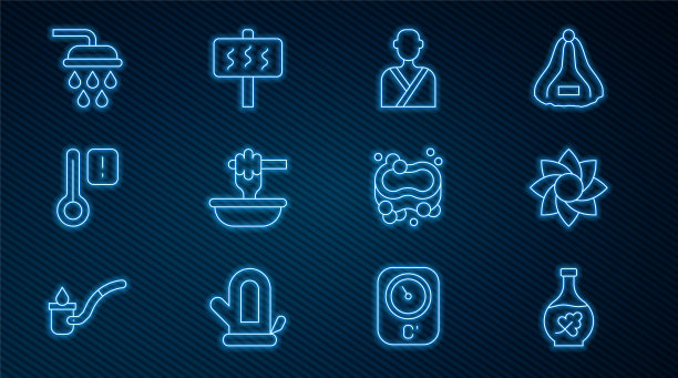 设置线精油瓶，花，男人在桑拿，蜂蜜勺棒与碗，桑拿温度计，淋浴，肥皂条和图标。向量图片下载