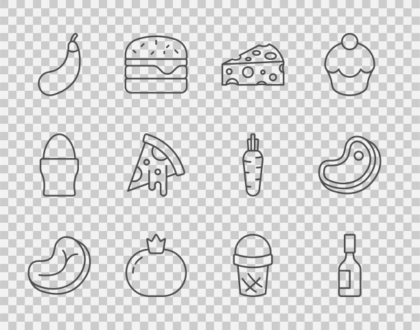 牛排、塔巴斯科沙司、芝士、蕃茄、茄子、披萨、华夫饼冰淇淋及图标。向量图片下载