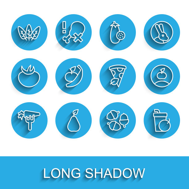 设置线胡萝卜，梨，叶子，橡果，新鲜的冰沙，苹果和香蕉，和素食披萨片图标。向量图片下载