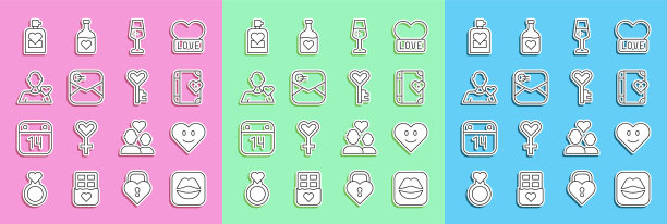 套装线微笑的嘴唇，心，爱日记，香槟杯，信封与情人节的心，浪漫的男人，香水和钥匙形状的图标。向量图片下载